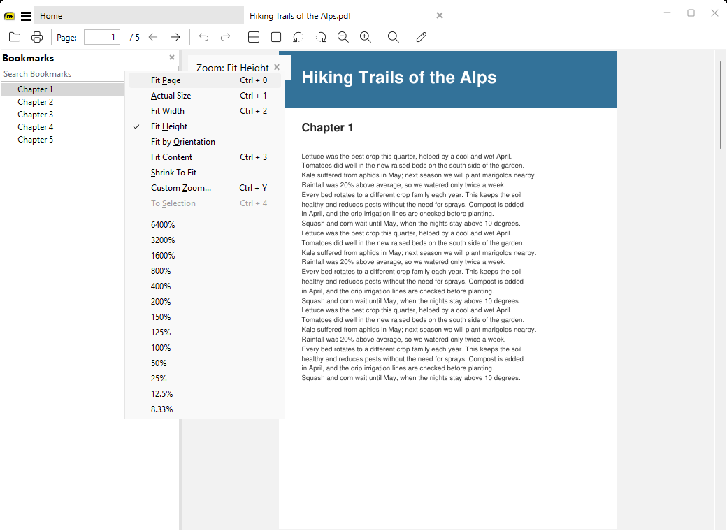 Zoom menu with Fit Height checked and the page scaled to the window height