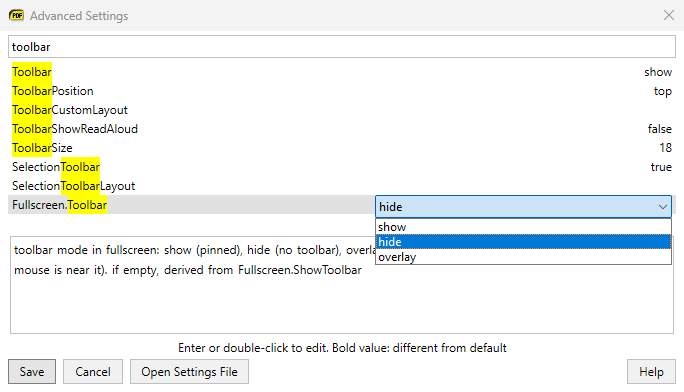 Fullscreen.Toolbar in Advanced Settings, with a drop-down of its values