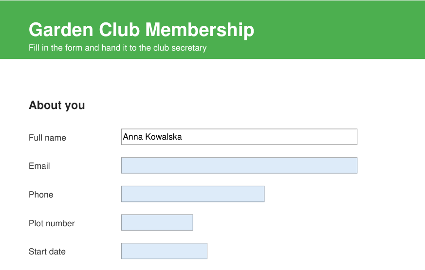 A PDF form with empty fields highlighted in pale blue