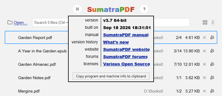 About box drop-down under the SumatraPDF title on the home page