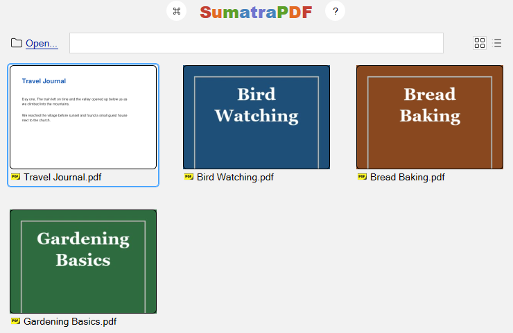 Home page thumbnails showing cover images saved next to the PDFs, and page 1 of a PDF without one