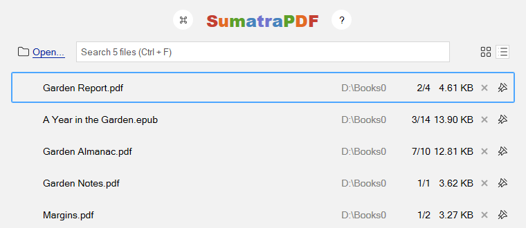 Home page with the command palette button left of the SumatraPDF title and the ? button right of it