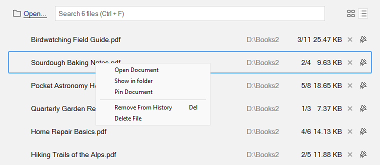 Home page right-click menu with Remove From History and Delete File