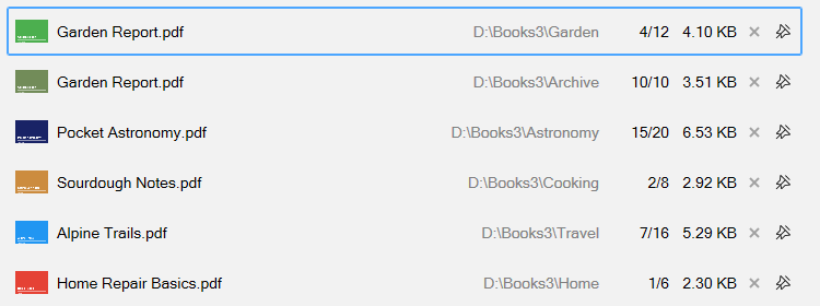 Home page list view with each file&rsquo;s folder shown right-aligned, two files named Garden Report.pdf from different folders