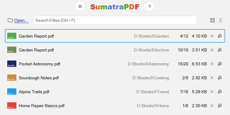 Home page with recently opened documents shown as a list, with thumbnail/list toggle buttons next to the search box