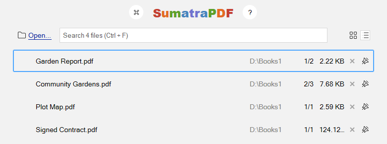 The home page header with the SumatraPDF logo row, Open link, search box and view icons