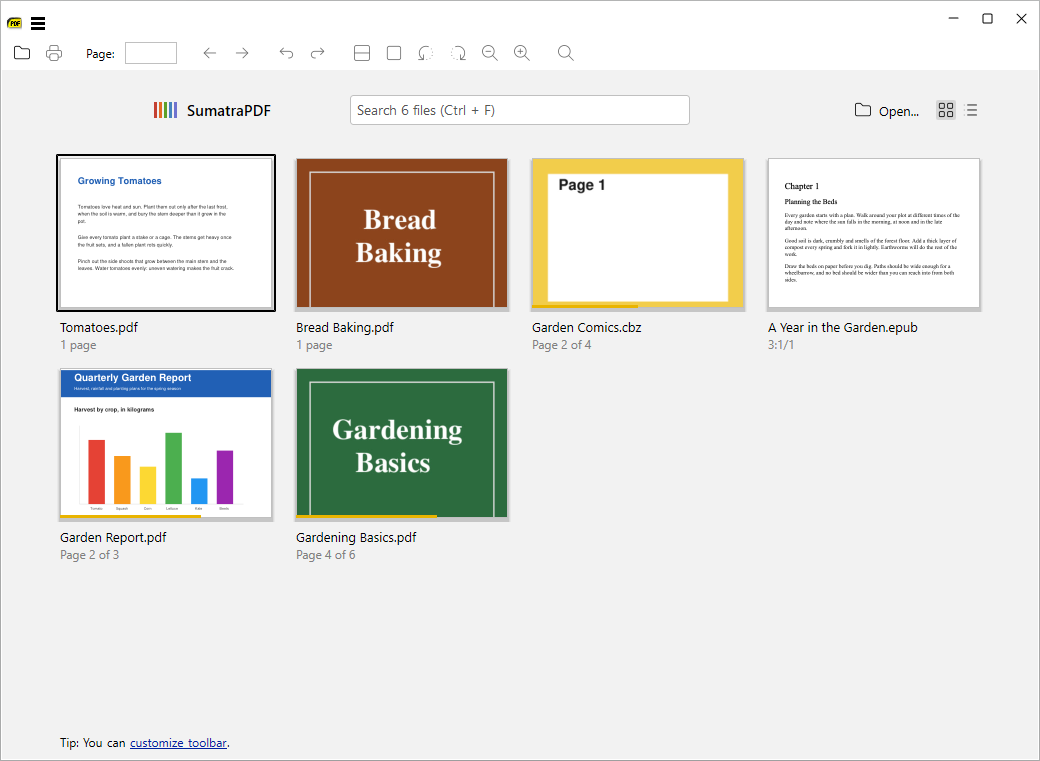 The redesigned home page with covers, reading progress under the file names and the tip line at the bottom
