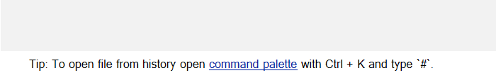 A tip at the bottom of the home page, with a link to the command palette