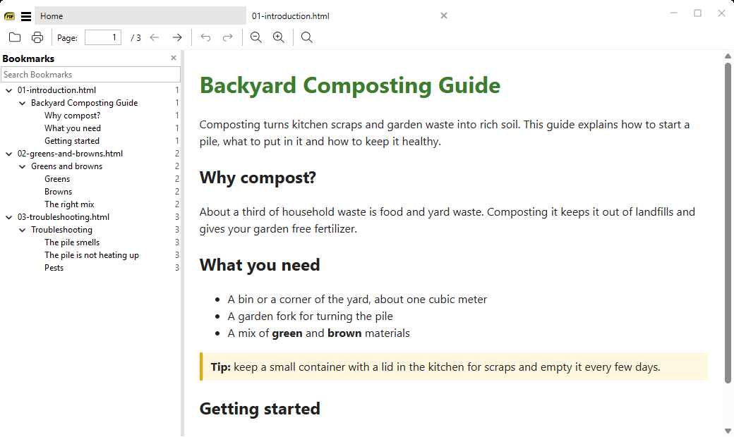 An HTML file in the browser view, with the folder&rsquo;s HTML files and their headings in the Bookmarks sidebar