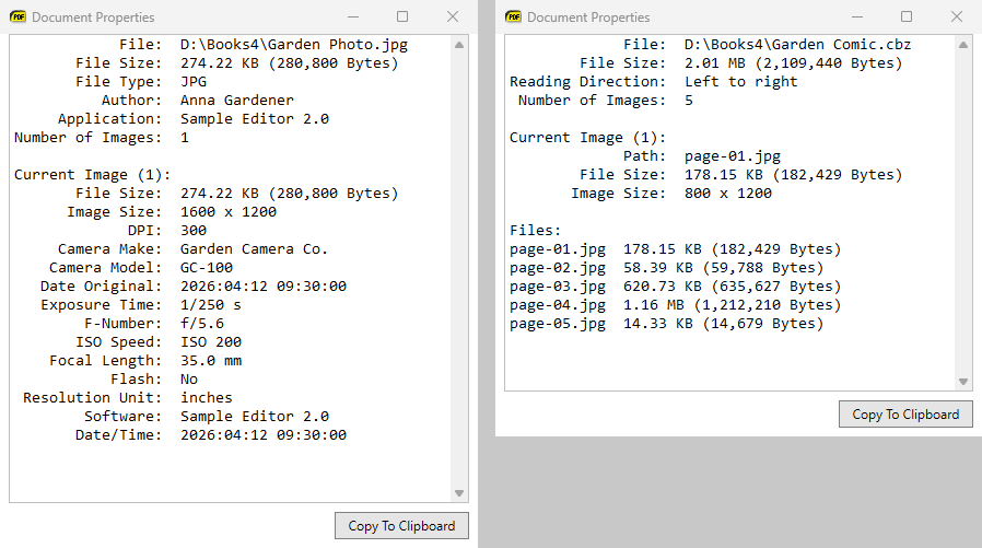 Document Properties for a JPEG image with dimensions, DPI and EXIF data, and for a comic book with the list of image files