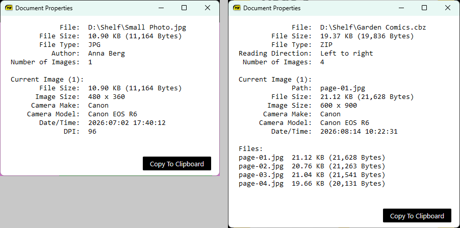 Document Properties for a JPEG image with dimensions, DPI and EXIF data, and for a comic book with the list of image files