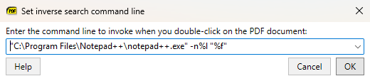 Set inverse search command line dialog with an editor command line
