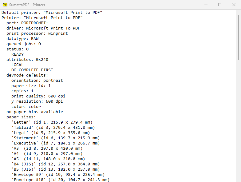 The Printers window listing a printer&rsquo;s driver, status, defaults and paper sizes