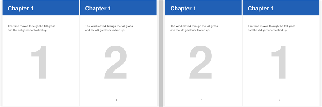 A PDF in facing view, without and with manga mode