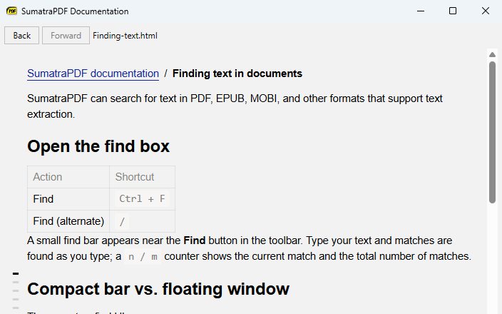 Built-in manual window with Back / Forward buttons and the current address, after following a link