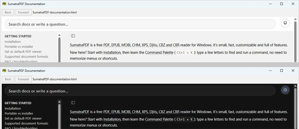 The Manual with its search bar and theme switch, in the light and dark theme