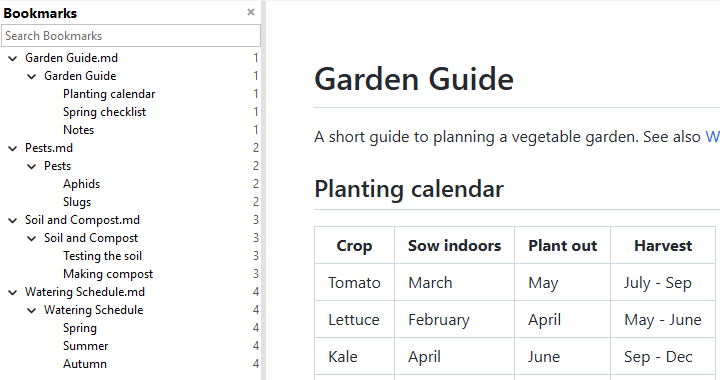 Bookmarks sidebar listing all Markdown files in the folder, with their headings