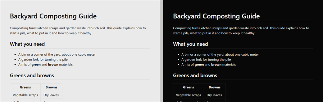 A Markdown document in the Light and Dark themes with DocumentColorsFollowTheme = smart