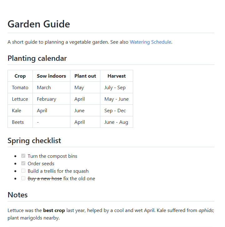 A Markdown document with a table, a task list and strikethrough text