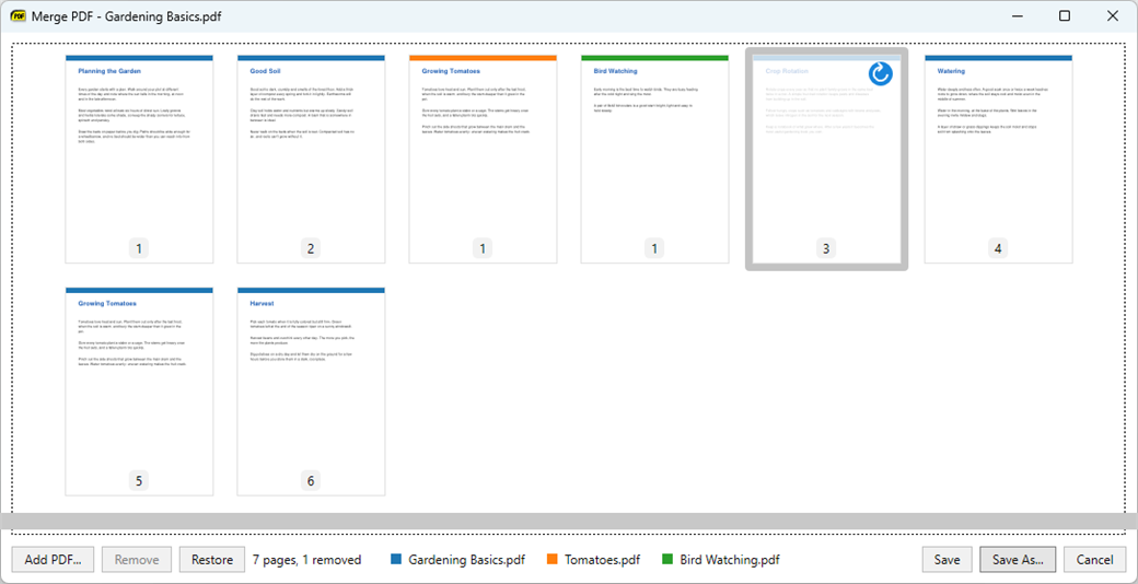 Merge PDF window with pages of three PDFs, colored by file, and one removed page
