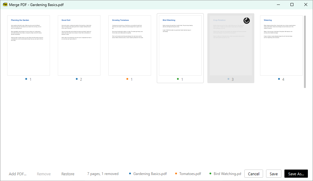 The redesigned Merge PDF window with pages of three PDFs and one removed page