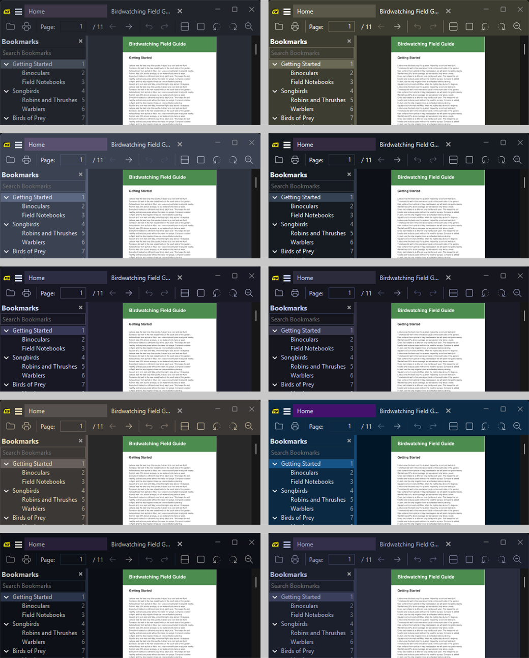 The new themes, left to right and top to bottom: One Dark, Monokai, Nord, GitHub Dark, Catppuccin Mocha, Tokyo Night, Gruvbox, Night Owl, Ayu, Palenight