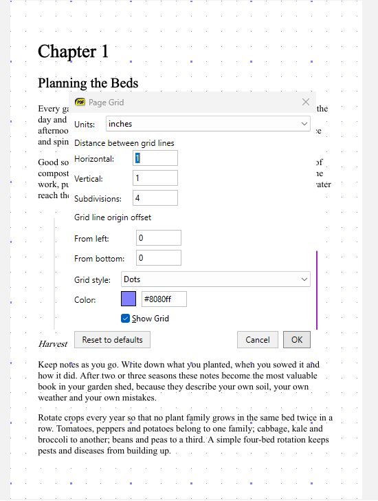 Page grid over an EPUB page with the Page Grid dialog and its Reset to defaults button