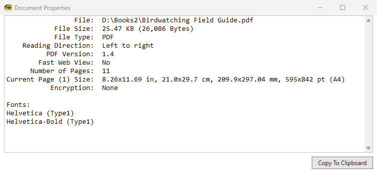 Document Properties showing the page size in inches, cm, mm and points