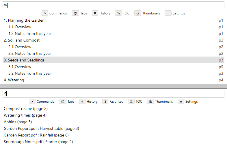 Command palette in table of contents mode with the entry for the current page selected, and in favorites mode listing favorites of the current document first