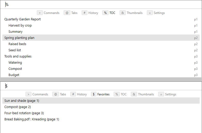 Command palette in table of contents mode with the entry for the current page selected, and in favorites mode listing favorites of the current document first