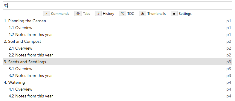 Command palette listing table of contents entries with page numbers on the right