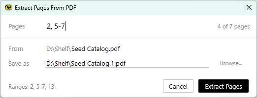 Extract Pages From PDF with the range 2, 5-7 picking 4 of 7 pages