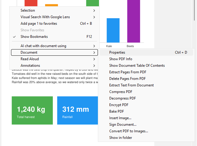 The Document submenu of the page&rsquo;s right-click menu with the new PDF commands