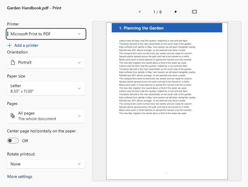 Print dialog with the new Center page horizontally on the paper and Rotate printout options