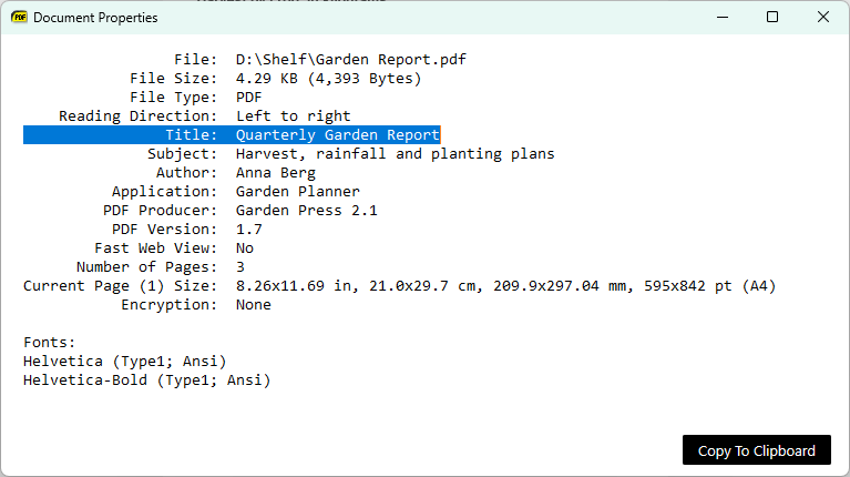 Document Properties with the document title selected in its text box