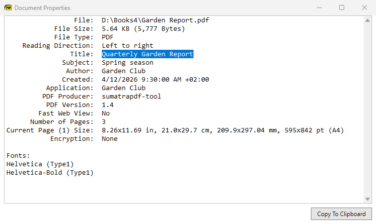 Document Properties with the document title selected in its text box