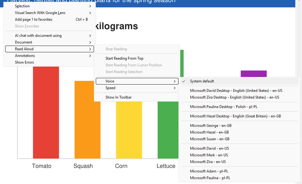 Read Aloud Voice menu listing classic SAPI Desktop voices and OneCore voices