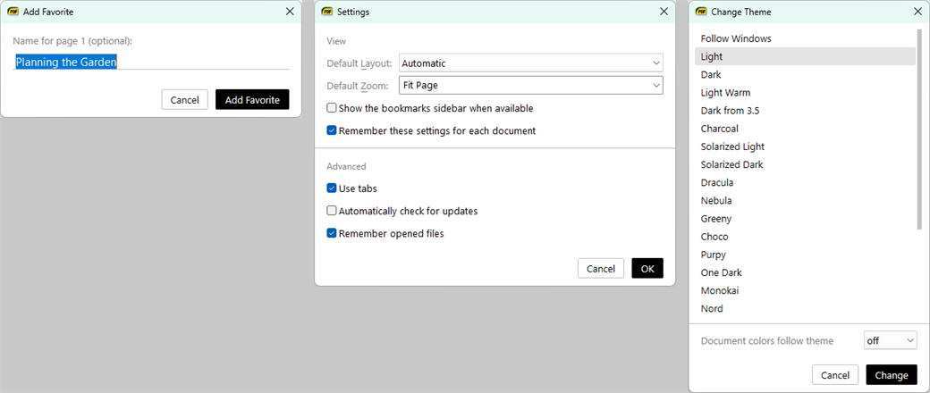 The redesigned Add Favorite, Settings and Change Theme dialogs