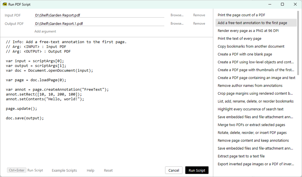 Run PDF Script with its arguments, the script editor and the list of example scripts