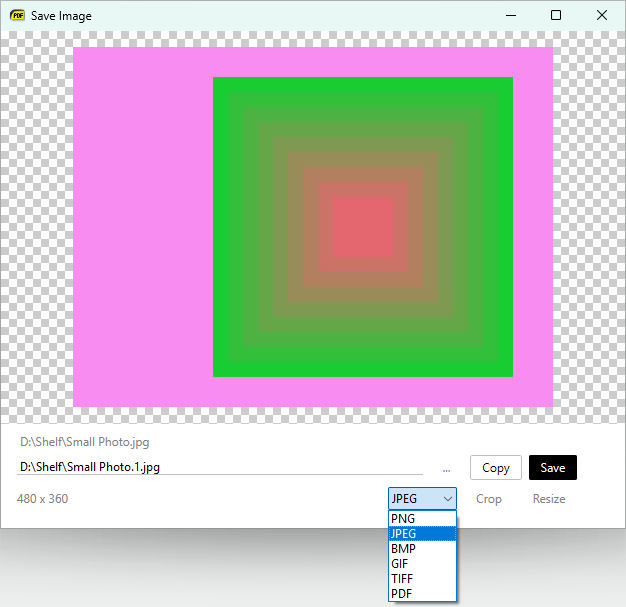 The Save Image window with the image format drop-down open
