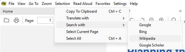 Selection menu with the Search with submenu open and Select Current Page