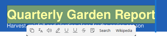 The selection toolbar with Search and Wikipedia buttons added by SelectionHandlers