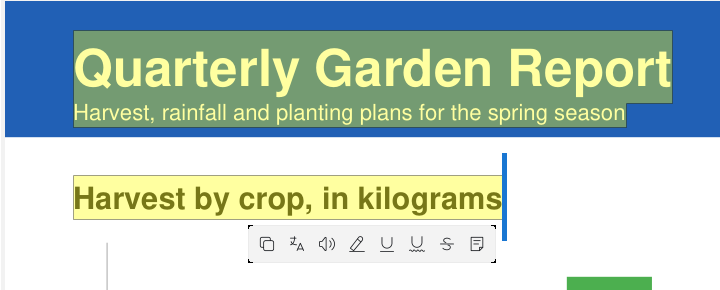 Floating selection toolbar with icon buttons over selected text