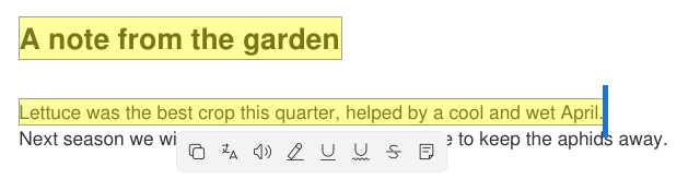 Selection toolbar with the new Text (sticky note) button at the end