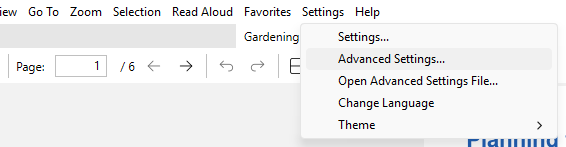 Settings menu with Settings…, Advanced Settings… and Open Advanced Settings File…