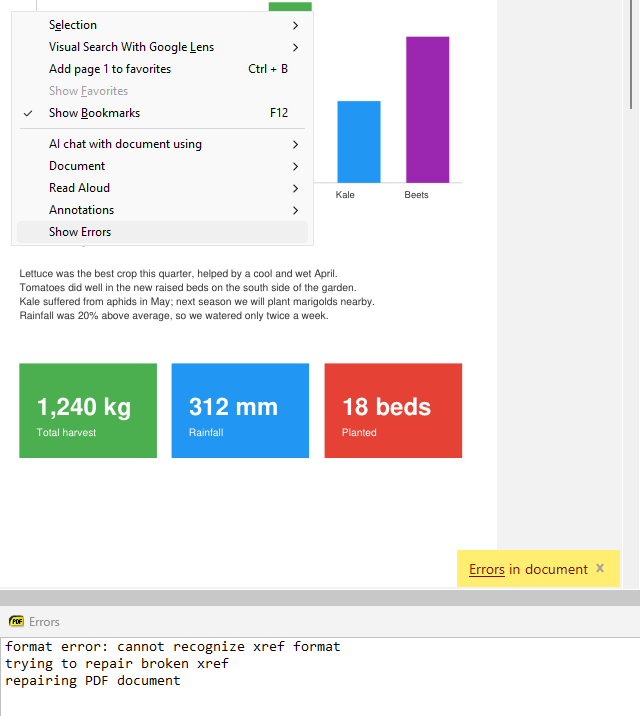 Show Errors in the right-click menu of a damaged PDF, and the Errors window listing what MuPDF reported