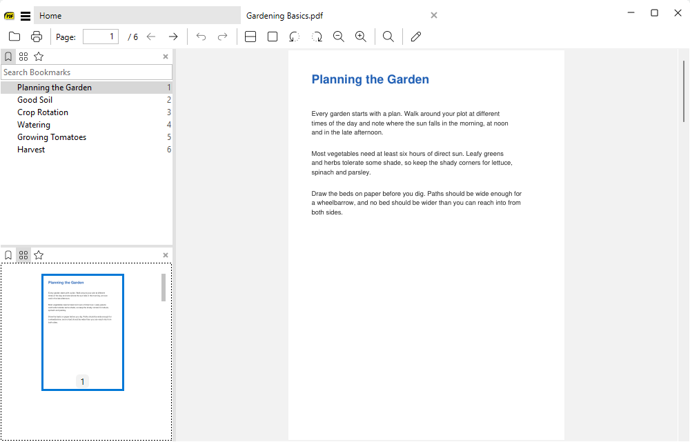 Bookmarks in the top sidebar panel and Thumbnails in the bottom one