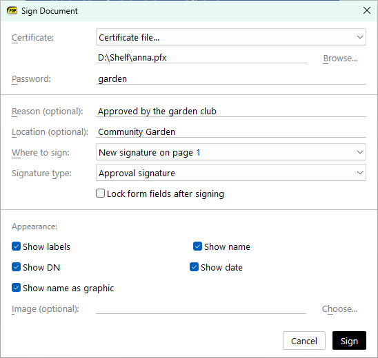 Sign Document with the Signature type drop-down and the Lock form fields after signing option