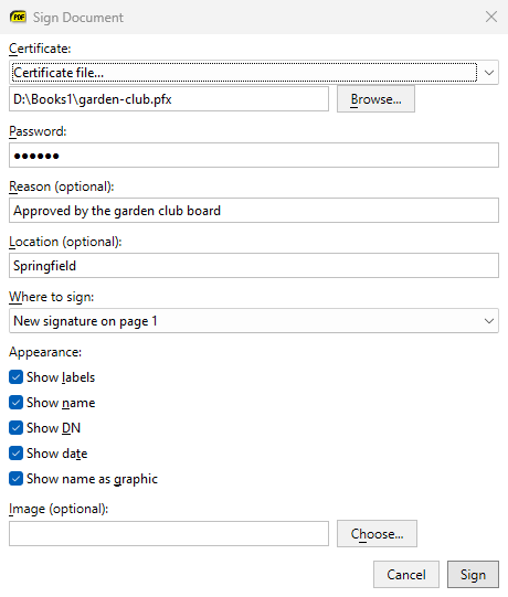 The Sign Document dialog