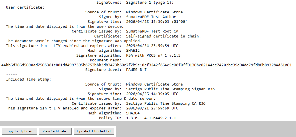 Document Properties showing signature details of a signed PDF